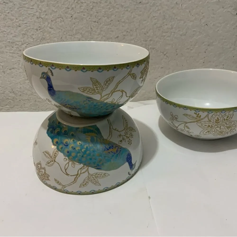 Set of 3; 222 Fifth Peacock Garden 5.5” Cereal Soup Bowls Fine China G14